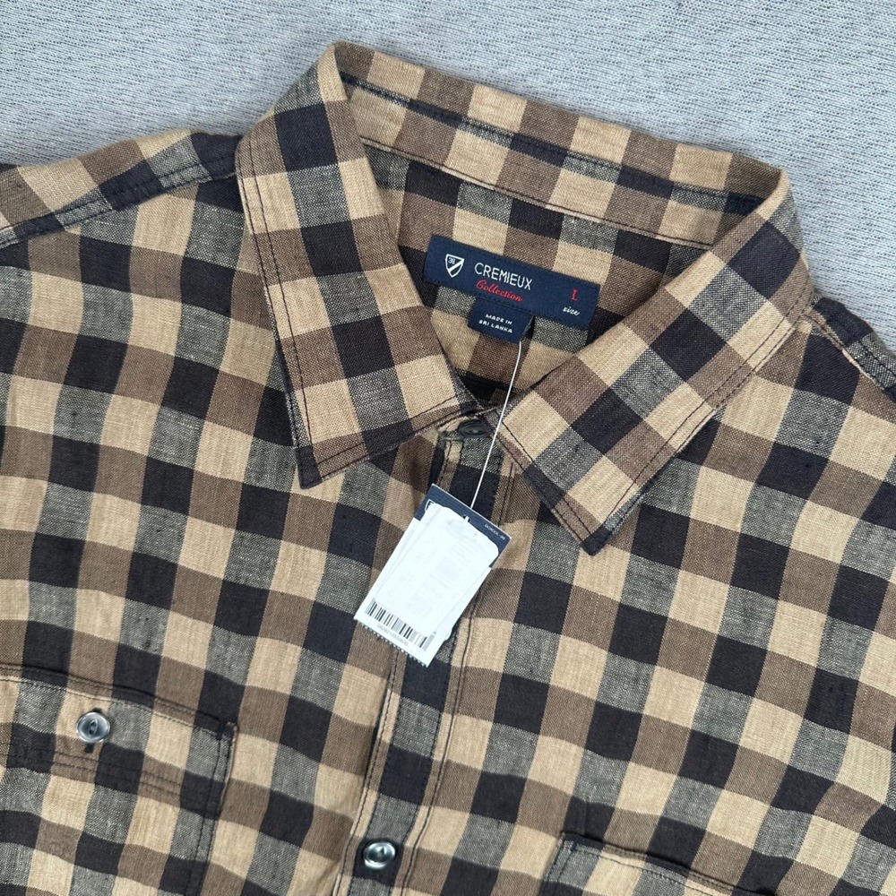 NEW Cremieux Collection Shirt Mens L Brown 100% Linen Short Sleeve Buffalo Check